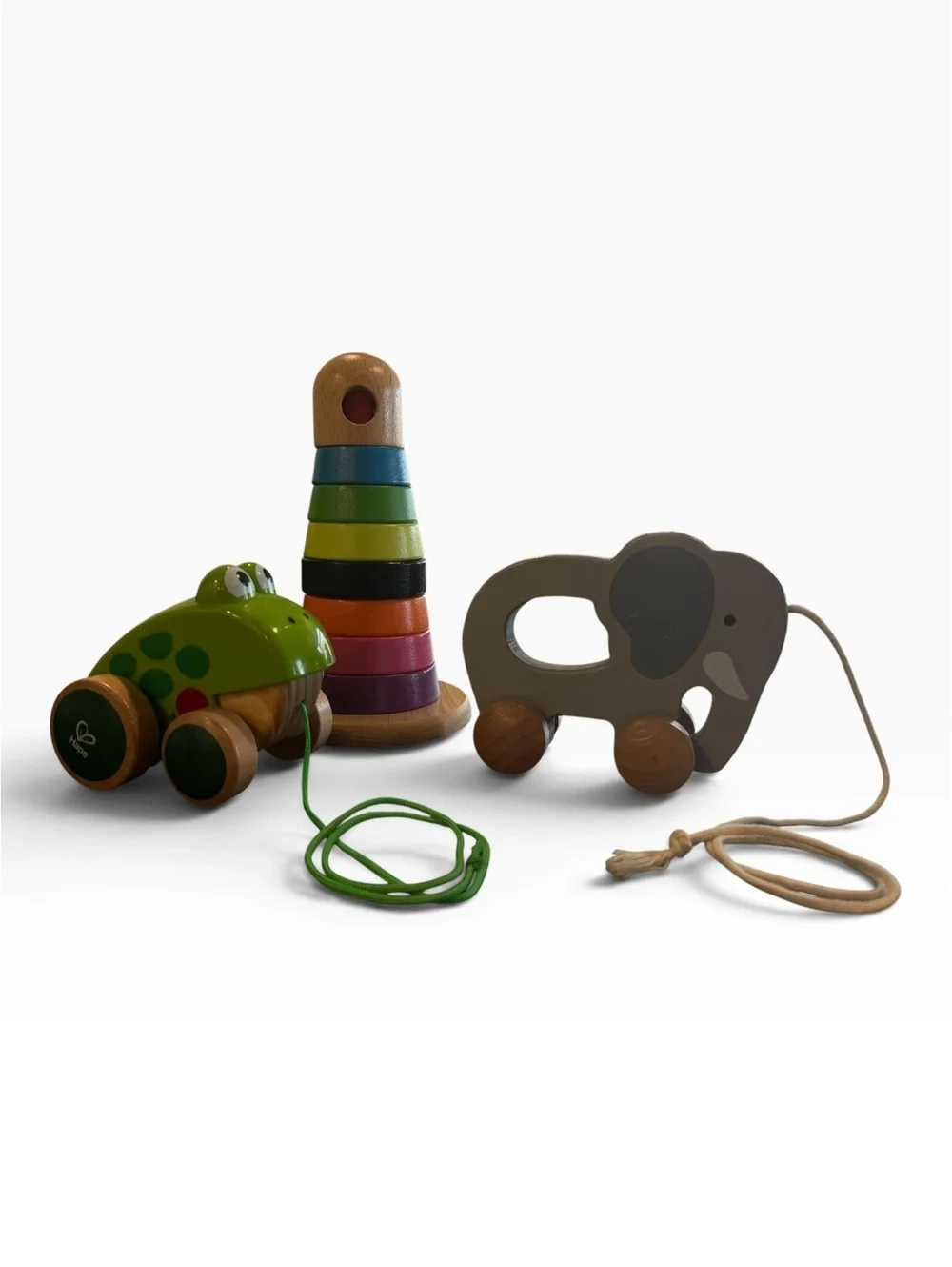 Hape Wooden Pull-Along Elephant Toy, Frog Car, and Colorful Stacking Rings Set